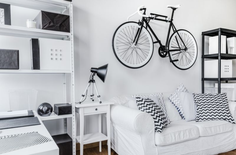 bike hanging on the wall in the living room